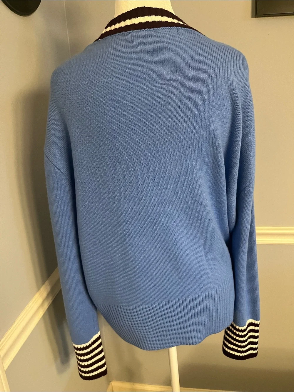 French Connection Light Blue Button Cardigan with burgundy& white trim